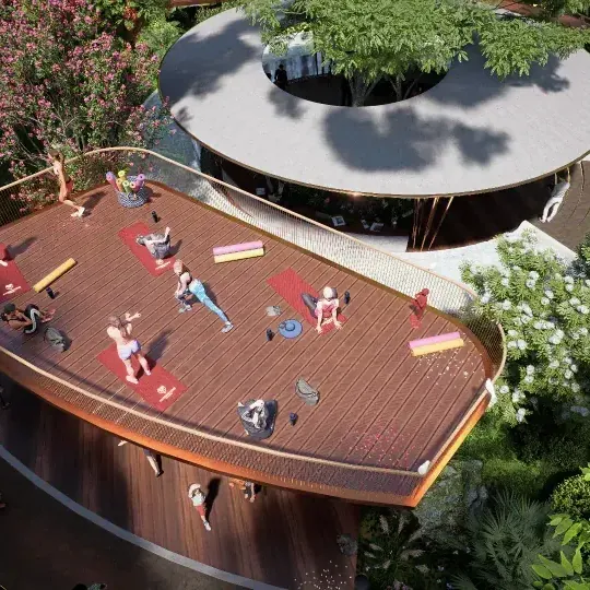 A raised timber yoga deck among trees at Amberstone Vectra