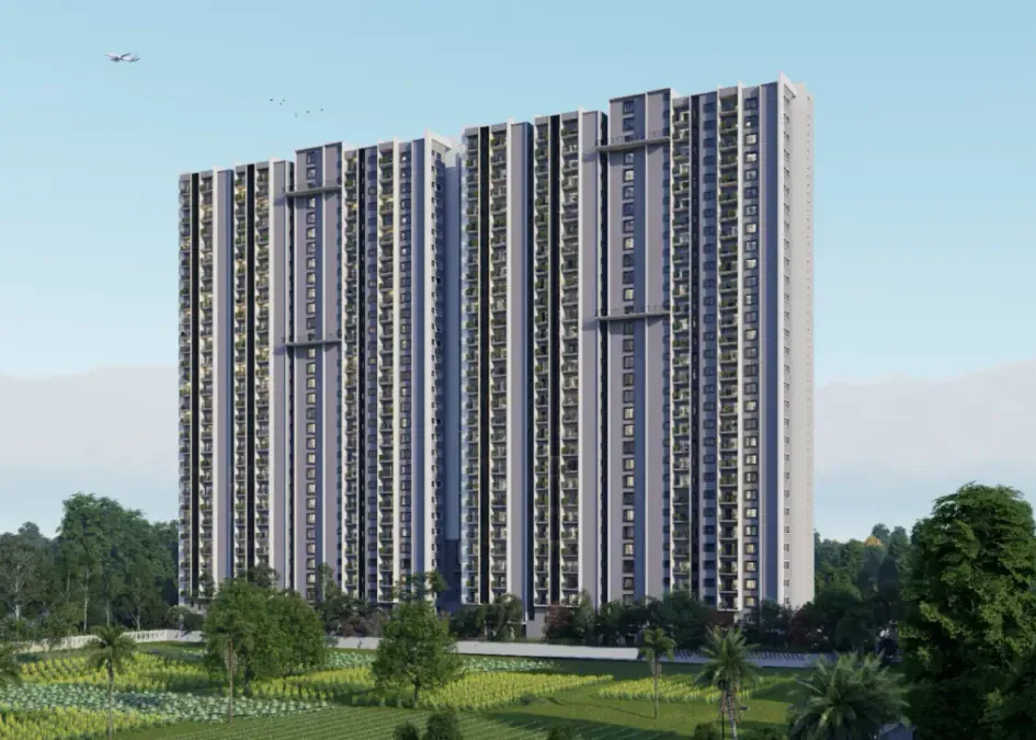Twin high-rise towers rising over a green landscape at Amberstone Vectra